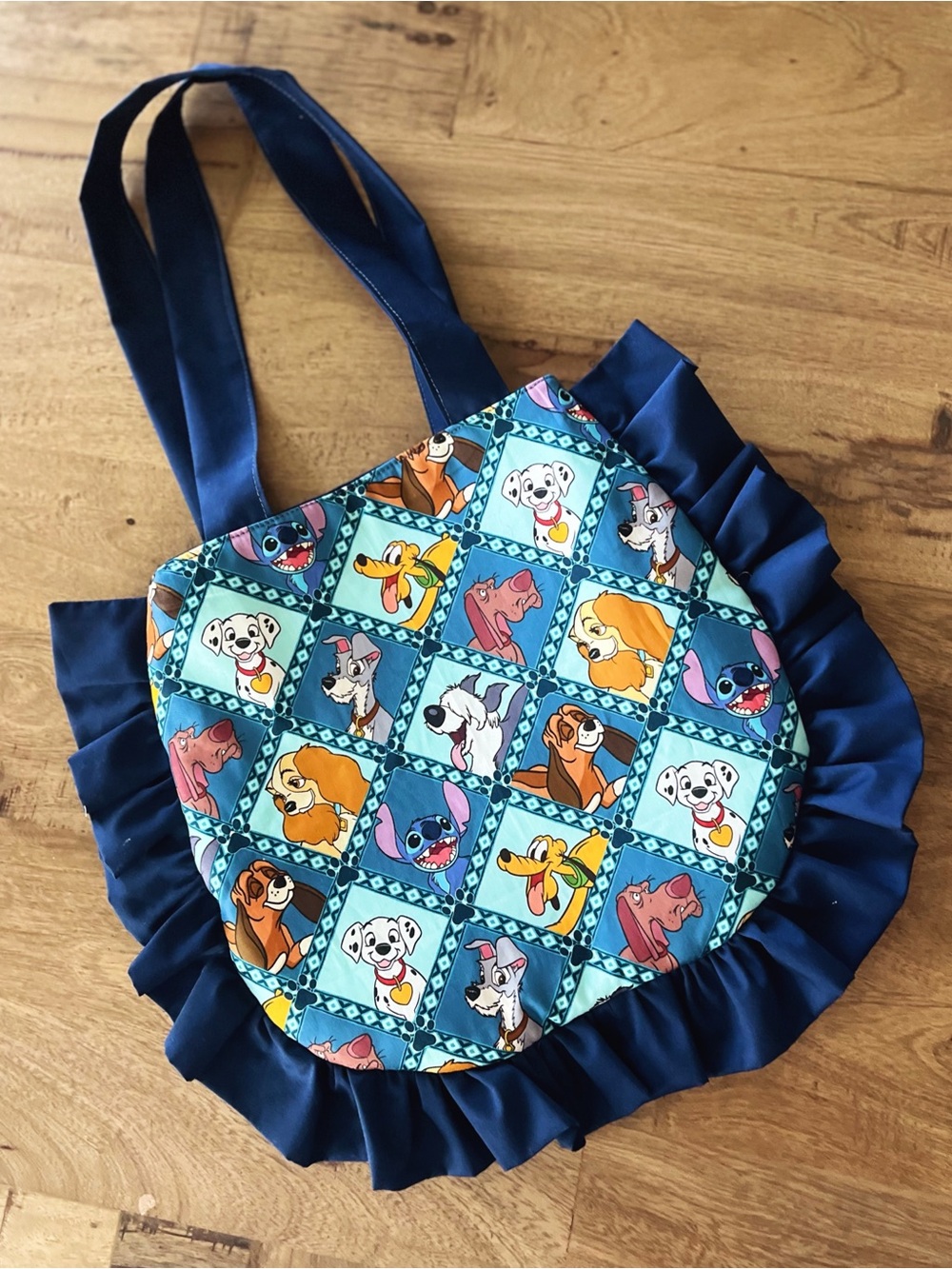 Playful Blue Cartoon Dog Patchwork Ruffle Tote Bag